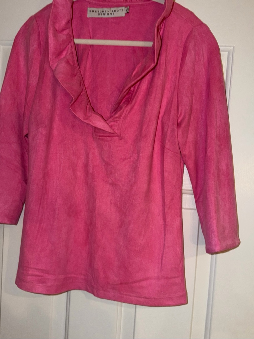 Gretchen Scott bubblegum Pink Ruffle neck ultra suede size small